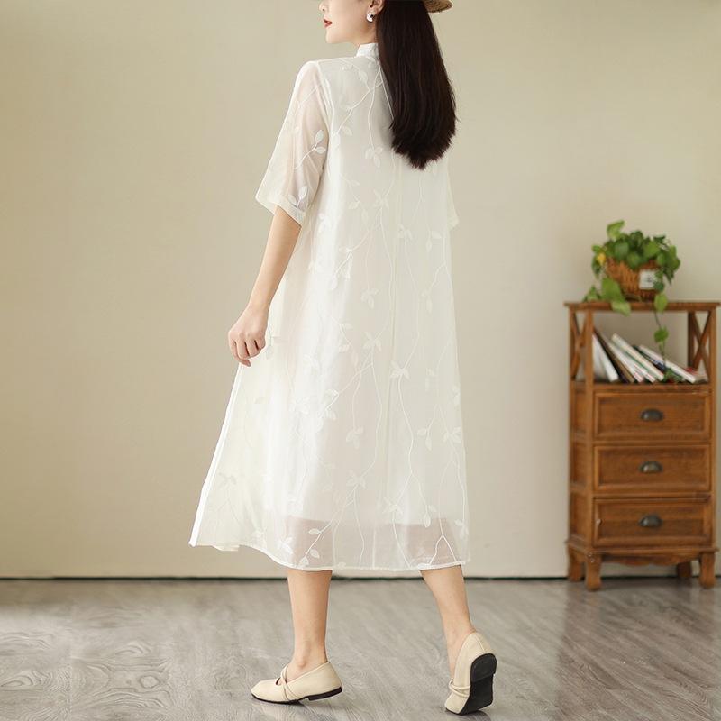 Heavy industry embroidered cotton and linen dress women's summer new improved cheongsam stand-up collar medium and long skirt
