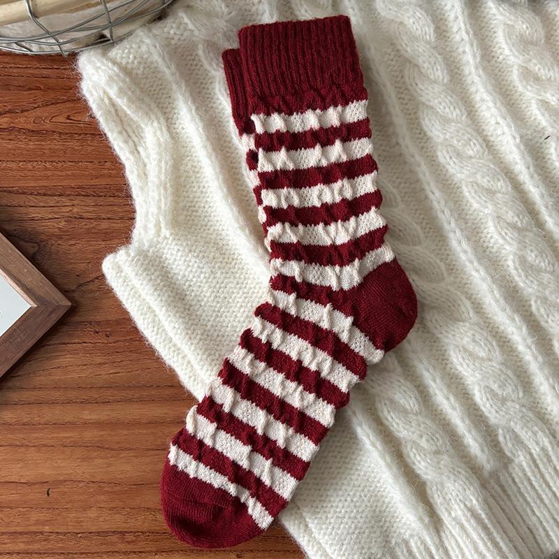 New Year's Wool Pile Socks for Autumn and Winter, Bright Red Warm Cartoon Embroidery Mid-calf Solid Color Striped Twisted Socks for Women