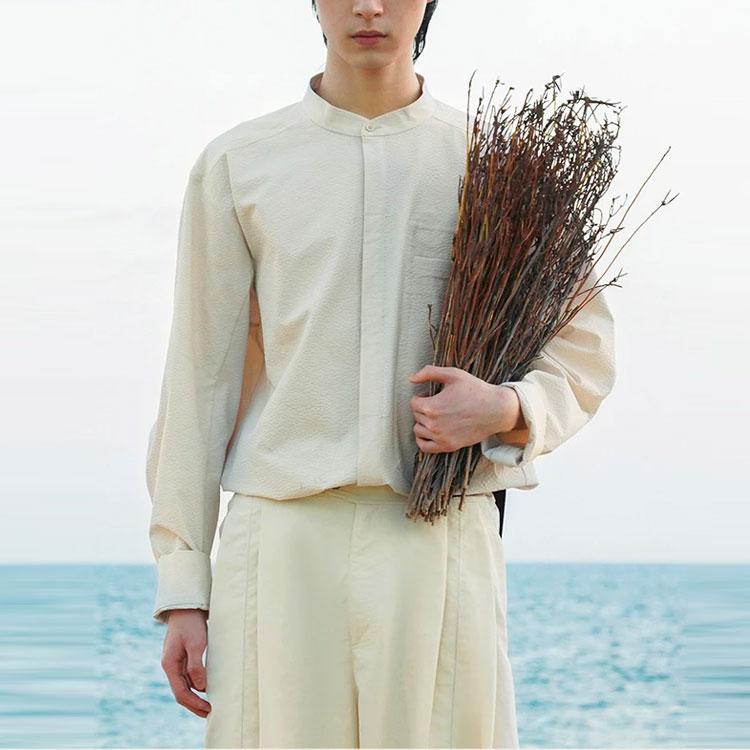 Li Ning X Jackie Chan Collaboration Kung Fu Series Solid Color Stand Collar Loose Long Sleeve Shirt Unisex Shirts Pearl-White ASHS051-1