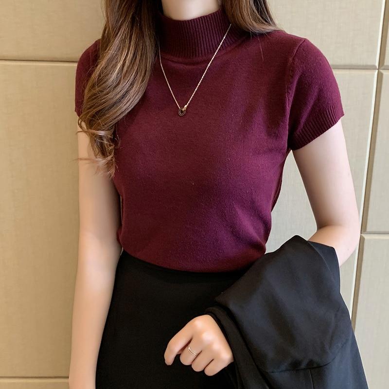 2023  Casual Knitted Women Tops Women Clothing Blusas Summer Solid Slim Turtleneck Blouse Fashion Chic Korean Clothes 8622