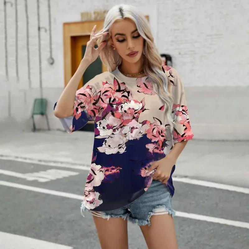 Elegant dame-t-skjorte Mote Blomstermønstertrykk T-skjorte Retro Populær Dame Kortarmet T-skjorte Sommer Fritids-t-skjorte