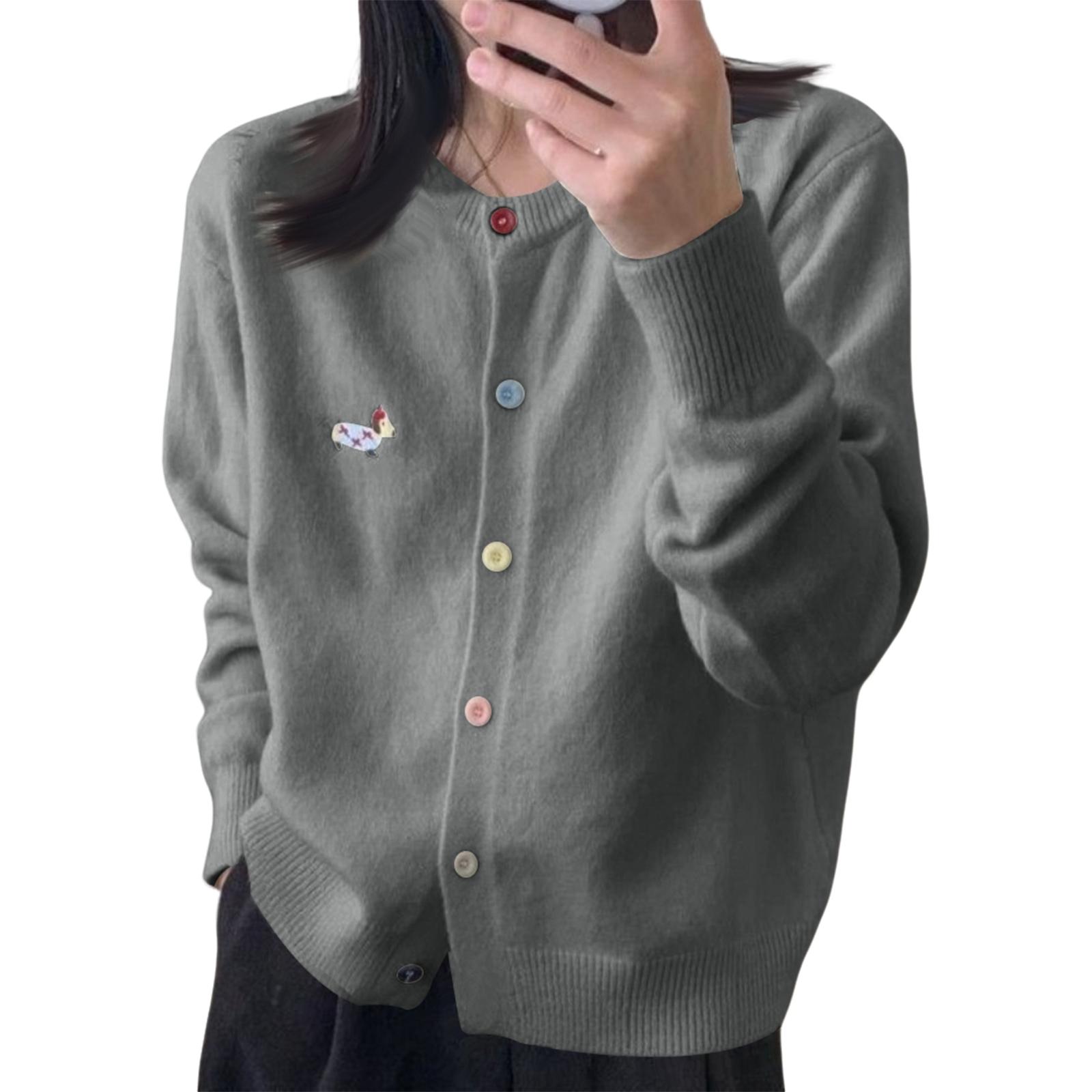 

Женский разноцветный кардиган на пуговицах, уникальный дизайн, вышивка таксы, круглый вырез, универсальный, вязаный One Size