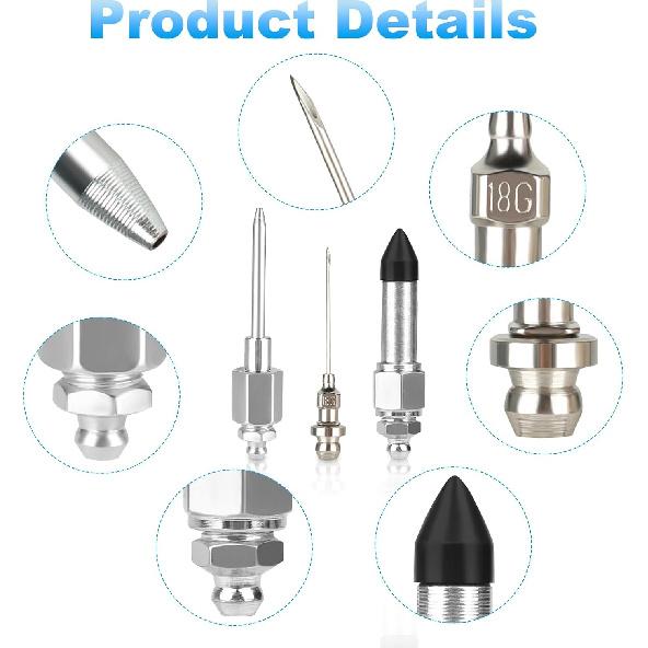 7PCS Grease Gun Needle Accessory Set, 5 PCS Grease Gun Needle Tip, 1 Bearing Grease Injector Needle Adapter, 1 Rubber Nipple Adapter, Detachable