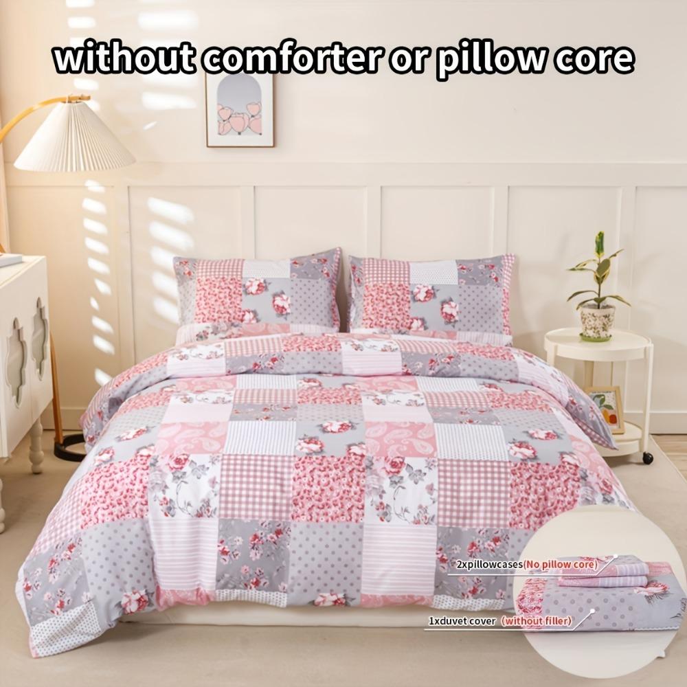 3pcs Pink Bedding Set Grid Flower 3D Printed Cozy Duvet Cover Set King Queen Twin Single Size Birthday Gift Adult Bedroom Decor