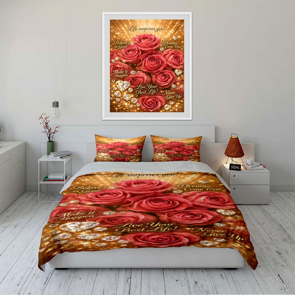 Red Rose and Quote Printed Bedding Set Bedding Set (1 Duvet Cover, 2 Pillowcases, Duvet Not Included)