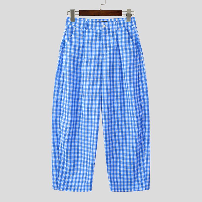 

INCERUN Мужские Повседневные Свободные Брюки на Молнии с Поясом в Клетку, Неэластичные, Широкие Штанины, Длинные 5XL синий