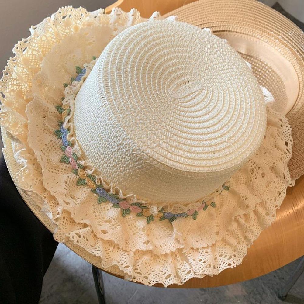 Wide Brim Lace Floral Brim Cap Flat Top Sunscreen Hat Simple Straw Woven Top Hat  Travel