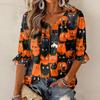 Women's Halloween Print Round Neck Tie Front Ruffle Three-Quarter Sleeve Blouse for Festive Party Wear