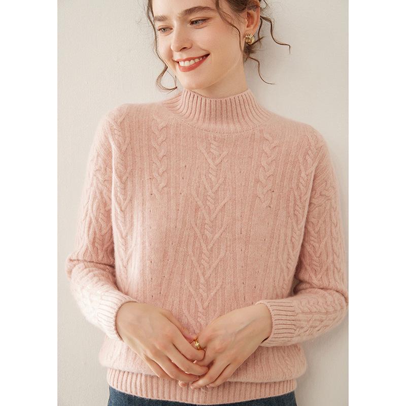 Women's Heavyweight Cable Knit Cashmere Sweater - Half-High Collar, Long Sleeve, Loose Fit