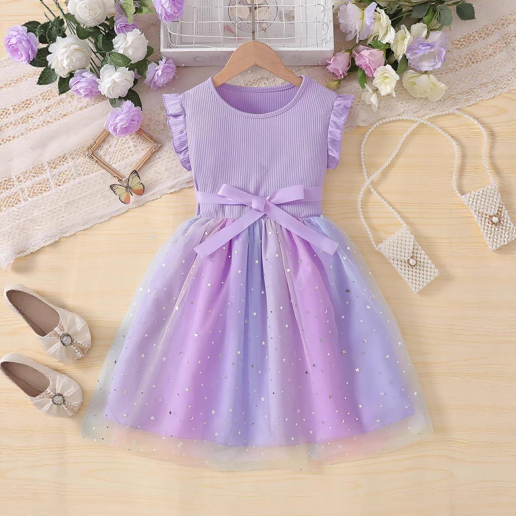 Dziewczęca Sukienka z Siateczkowymi Panelami w Kolorach Gwieździstego Nieba Letnia Moda Dziecięca Sukienka Księżniczki