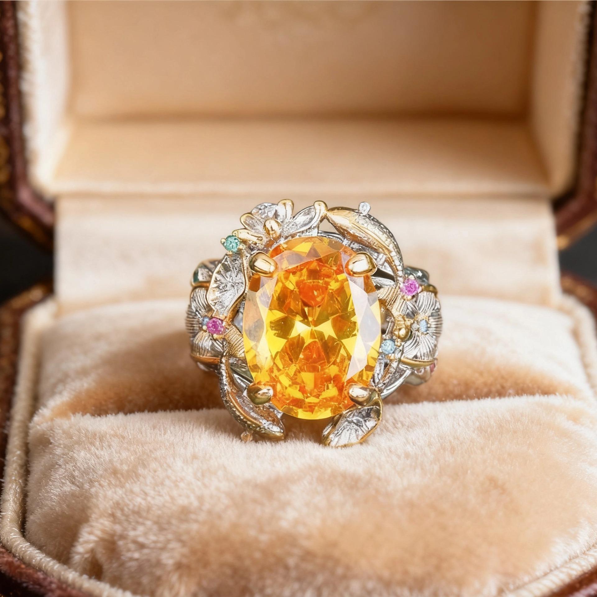 

Retro Orange-Yellow Jewelry Set: Oval Pendant, Earrings & Ring in Court Style - Elegant Light Luxury Three-Piece Set Standard