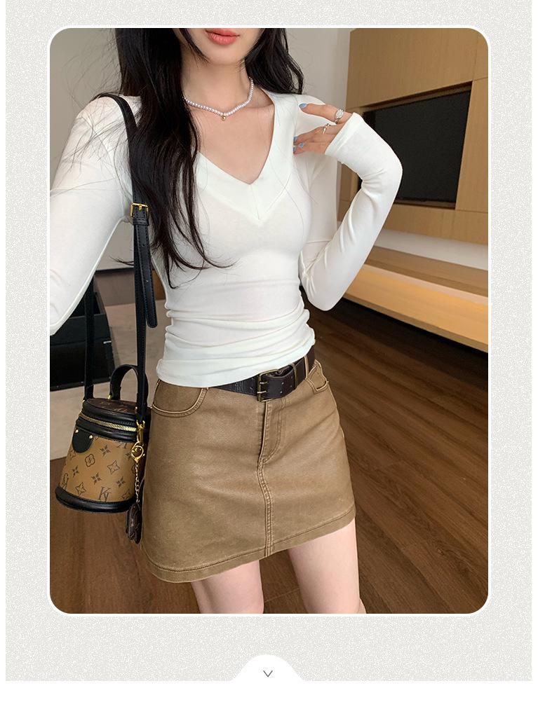 Melanoid V-Neck Coffee T-shirt: Women's Slimming Long Sleeve Base Layer for Autumn/Winter