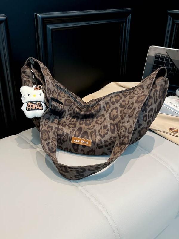 Small Faux Suede Animal Print Bag With Zipper Closure For Casual Daily Use