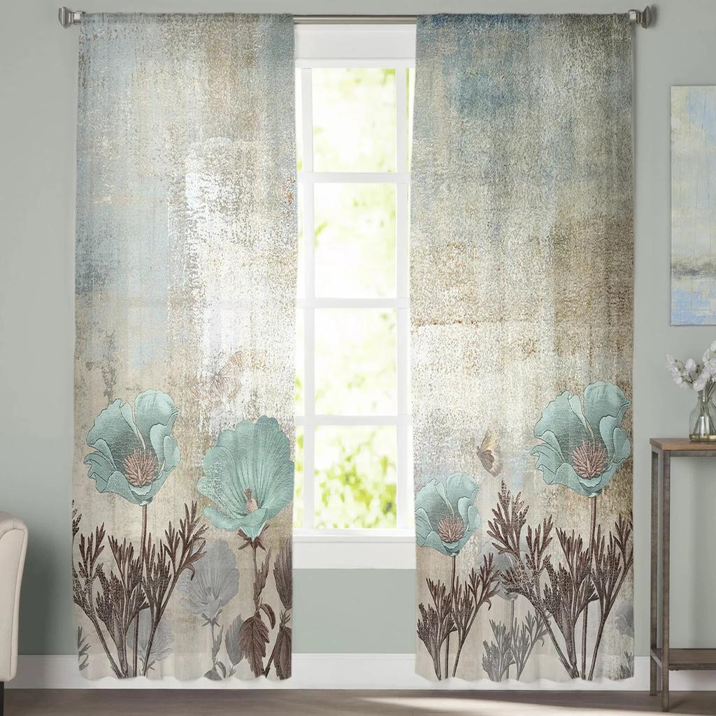 Flower Retro Tulip Plant Bedroom Transparent Sheer Curtains Holiday Decoration Window Voile Tulle Curtain
