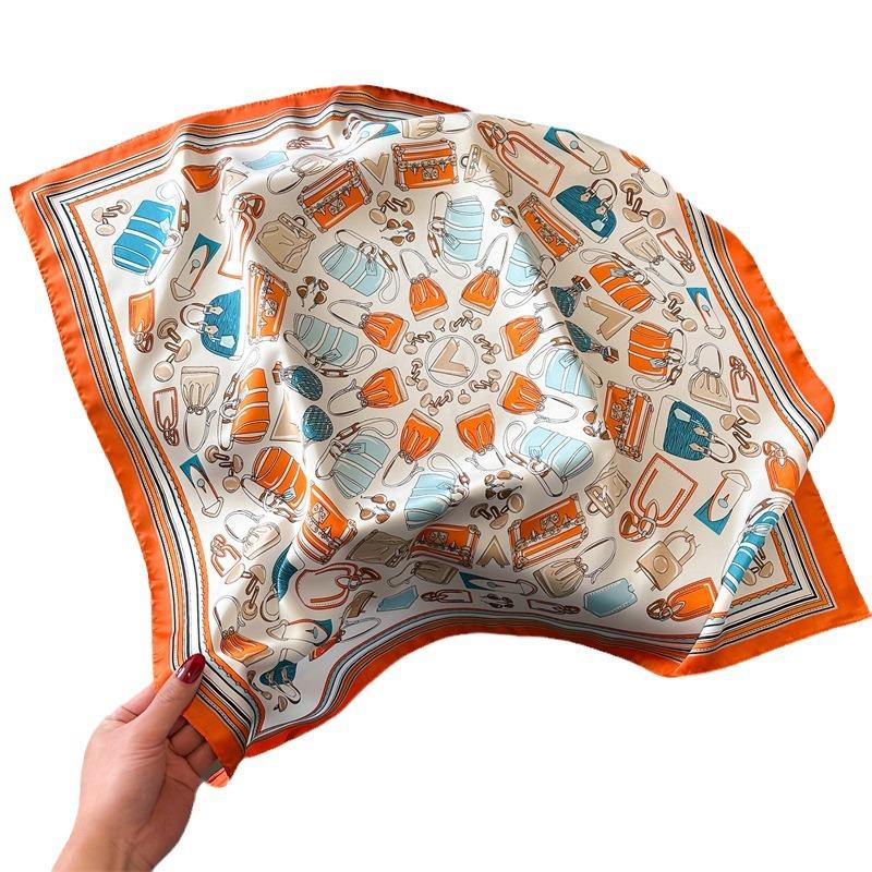 New retro French silk scarf 71cm small square scarf versatile professional scarf women's simulated silk scarf sunscreen shawl