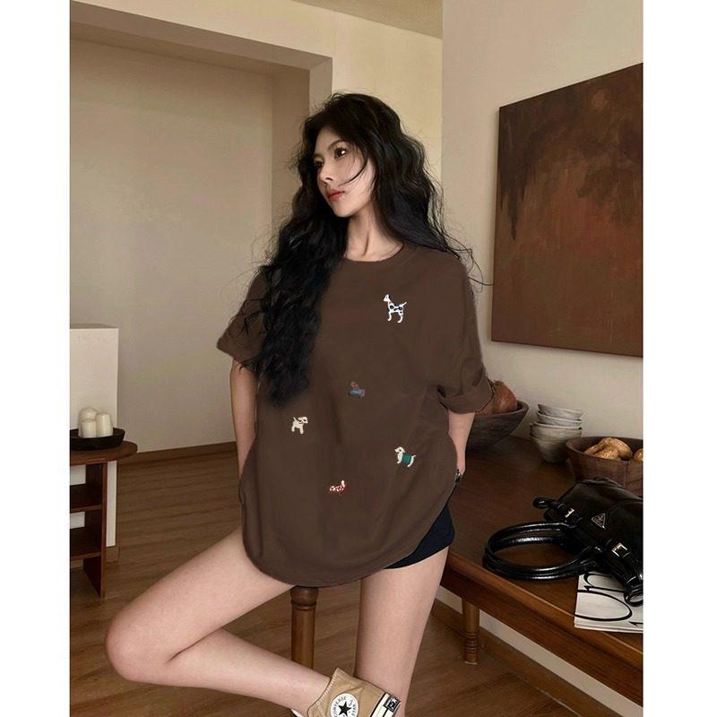 Damen Plus Size Retro Braunes Baumwoll-Kurzarm-T-Shirt - Altersreduzierend Stilvoll Lockere Passform