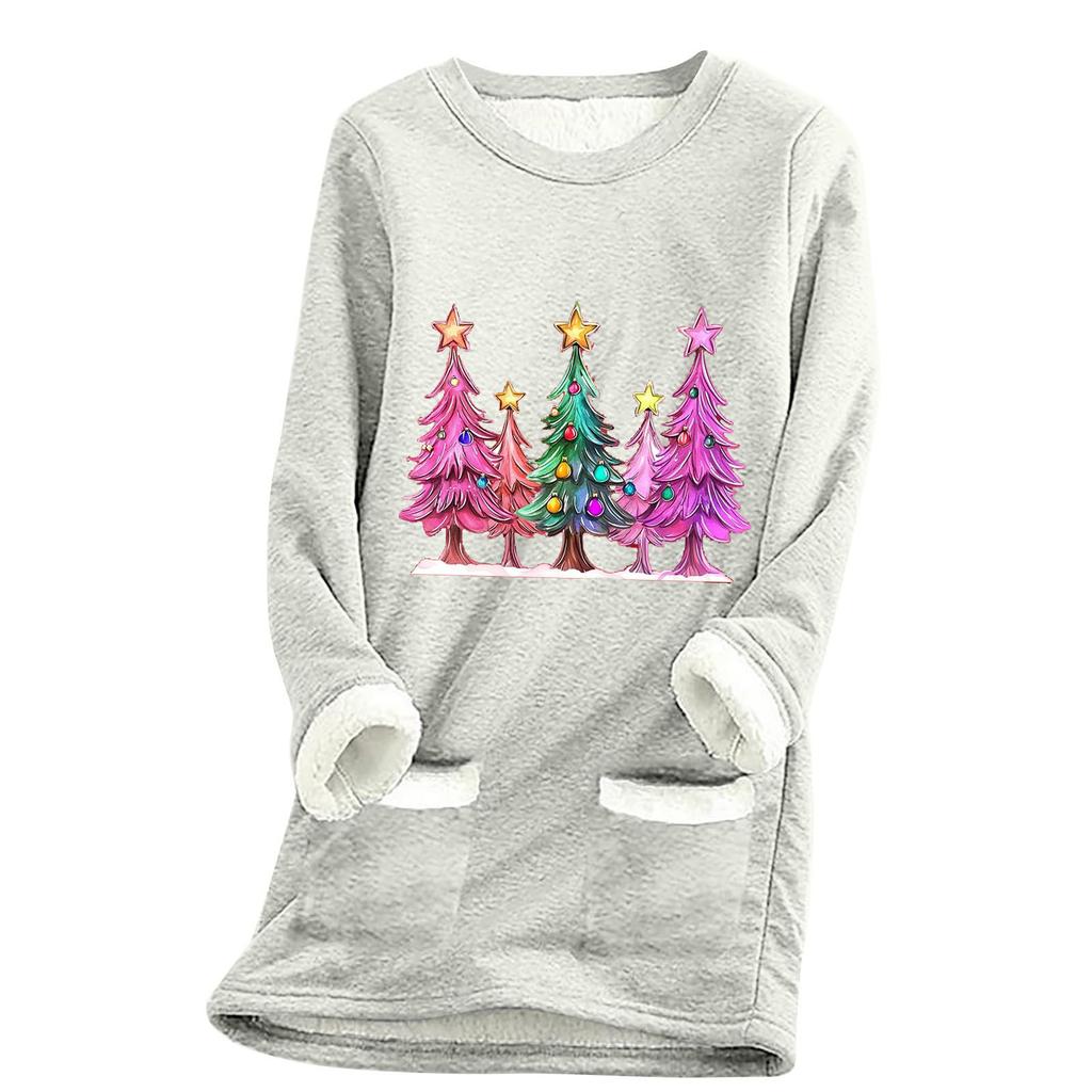 Ladies' Loose And Comfortable Round Neck Christmas Print Thick With Pockets Long Sleeved Top