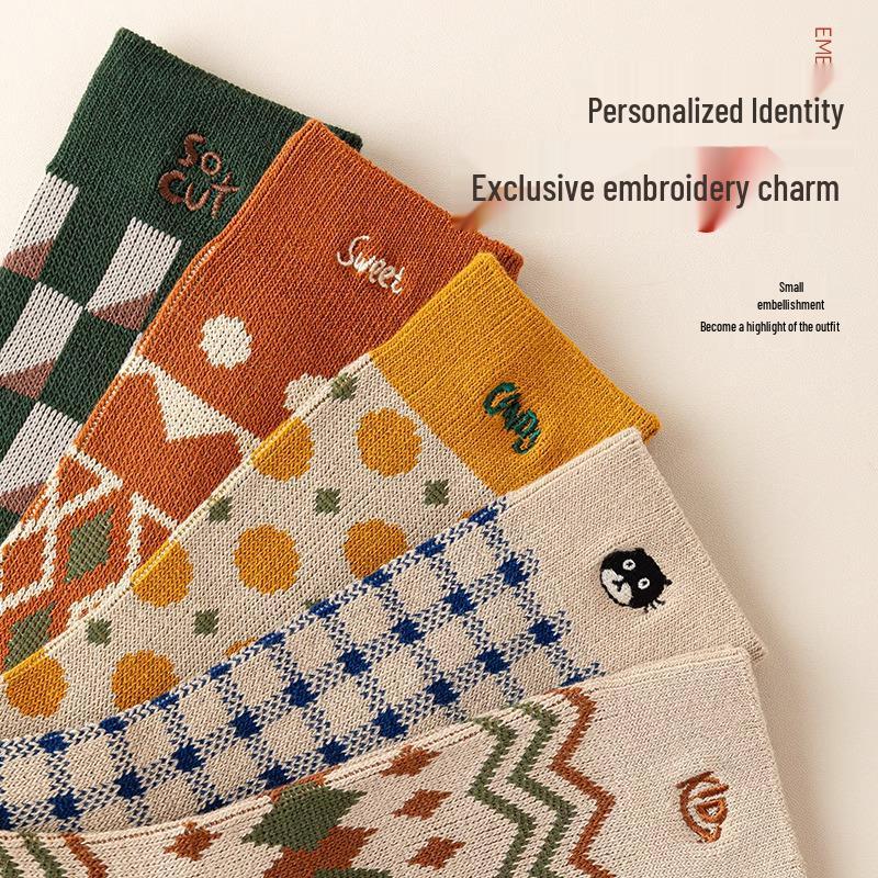 Γυναικείες Ρετρό Εθνοτικές Κάλτσες Μέσου Μήκους από Καθαρό Βαμβάκι για Φθινόπωρο/Χειμώνα, Ιδανικές με Μποτάκια Martin