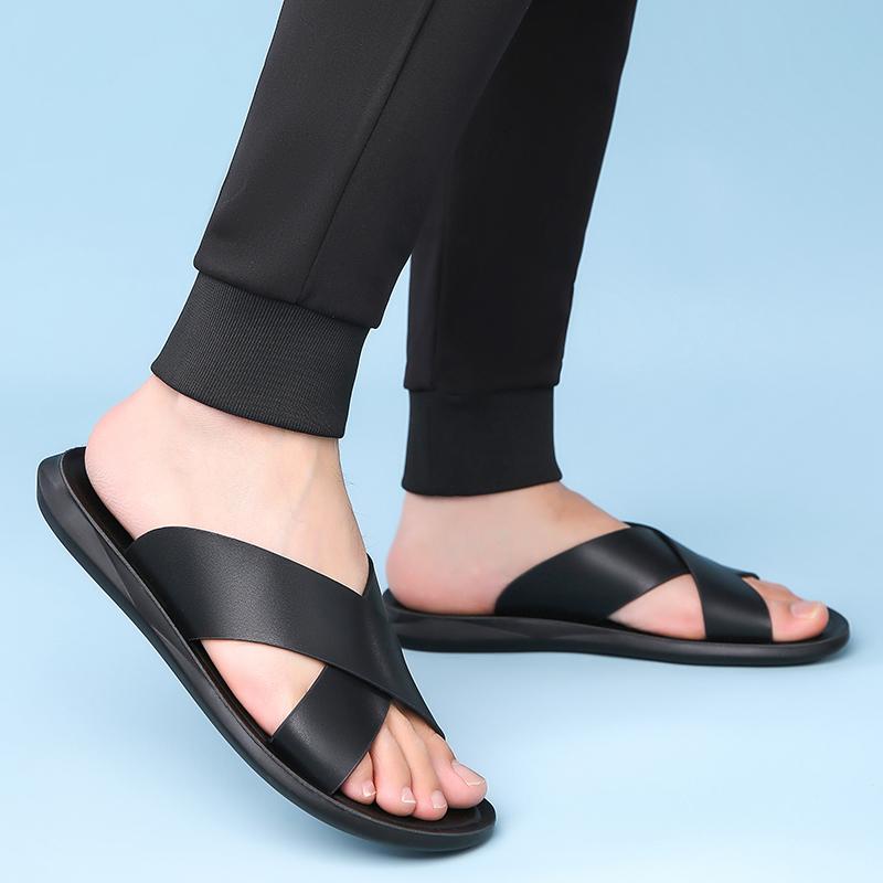 Herren Braune Flache Hausschuhe Sommer Sandalen Retro Schwarze Leder Strandschuhe Übergröße