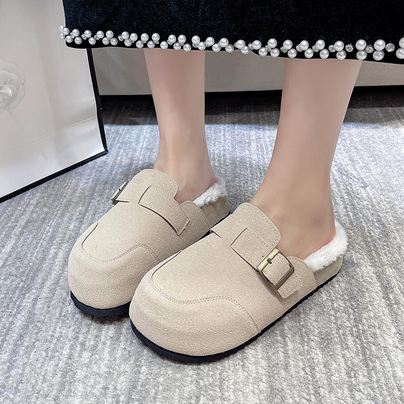 Fashion Winter New Baotou Slippers Women's Fashion Round Head Suede Deep Mouth Soft Sole Anti-slip Wear-resistant Flat Shoes