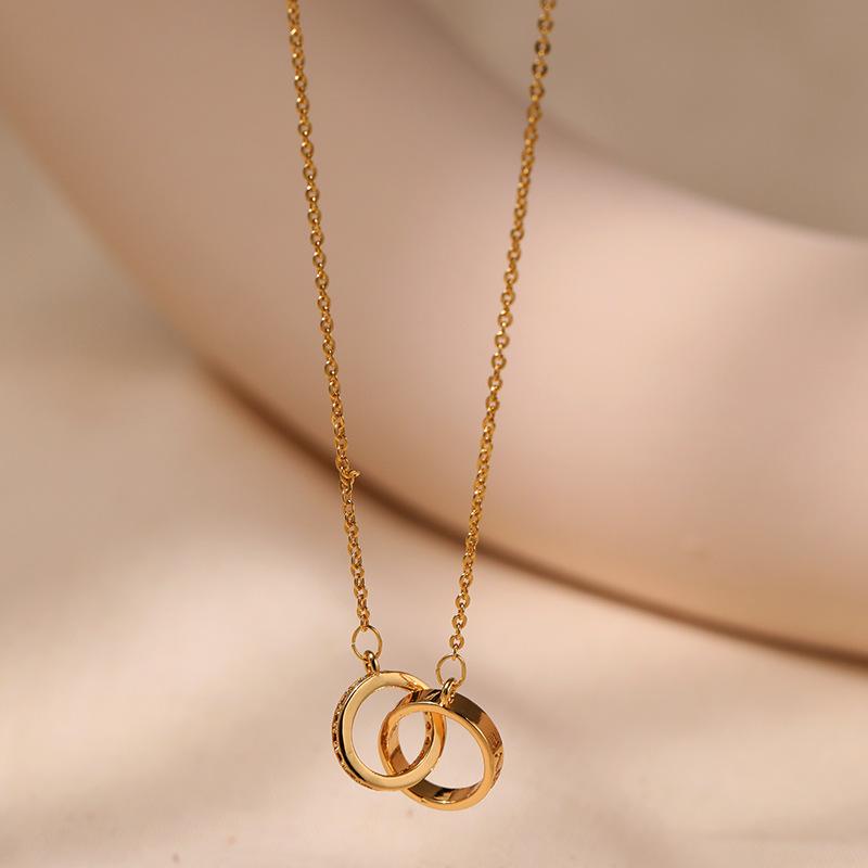 Interlocking Double Ring Gold Plated Zircon Light Luxury Simple Clavicle Necklace For Women 18K золотой