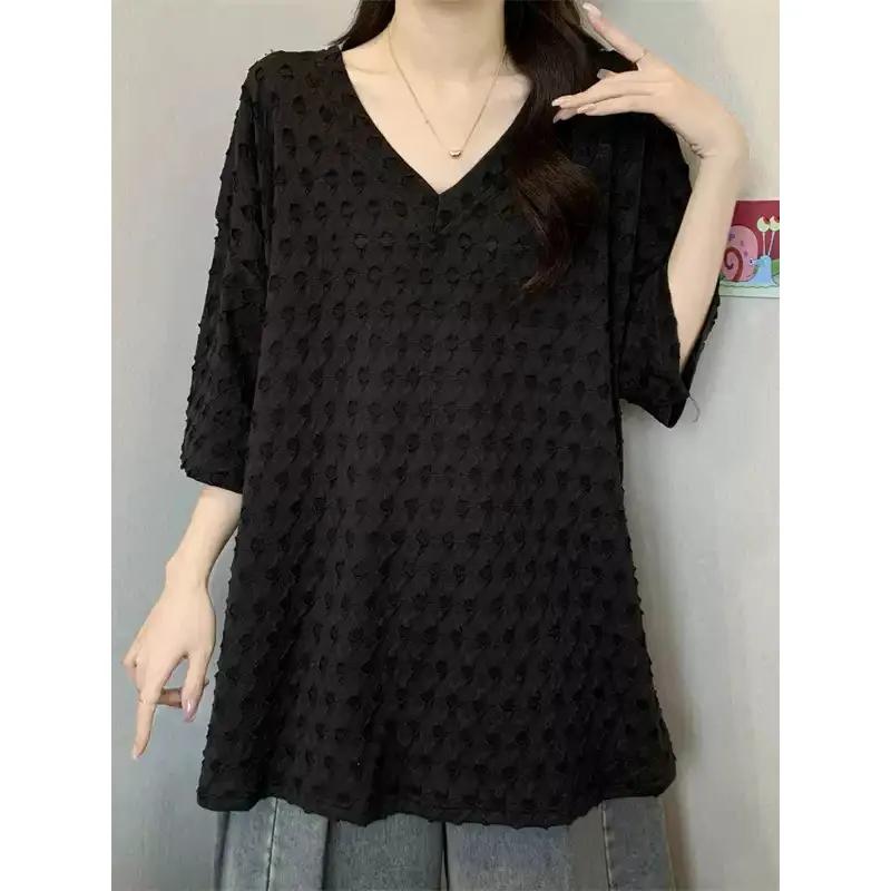 Mid-length Style V-neck T-shirt Loose Casual and Versatile Short-sleeved Top