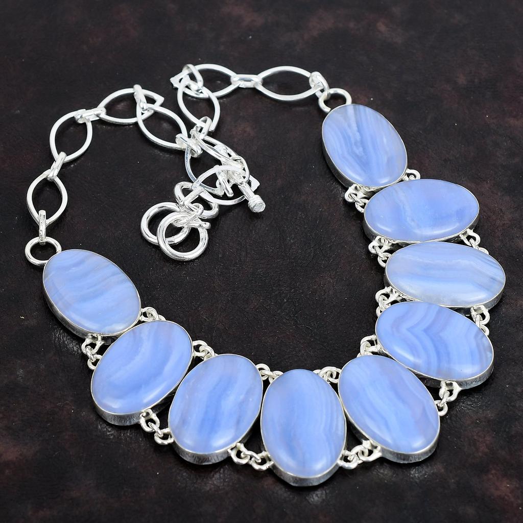 Blue Lace Agate Gemstone Necklace Handmade Jewelry 925 Sterling Silver Necklace Adjustable Chain Necklace Designer Jewelry Gifts for Mother