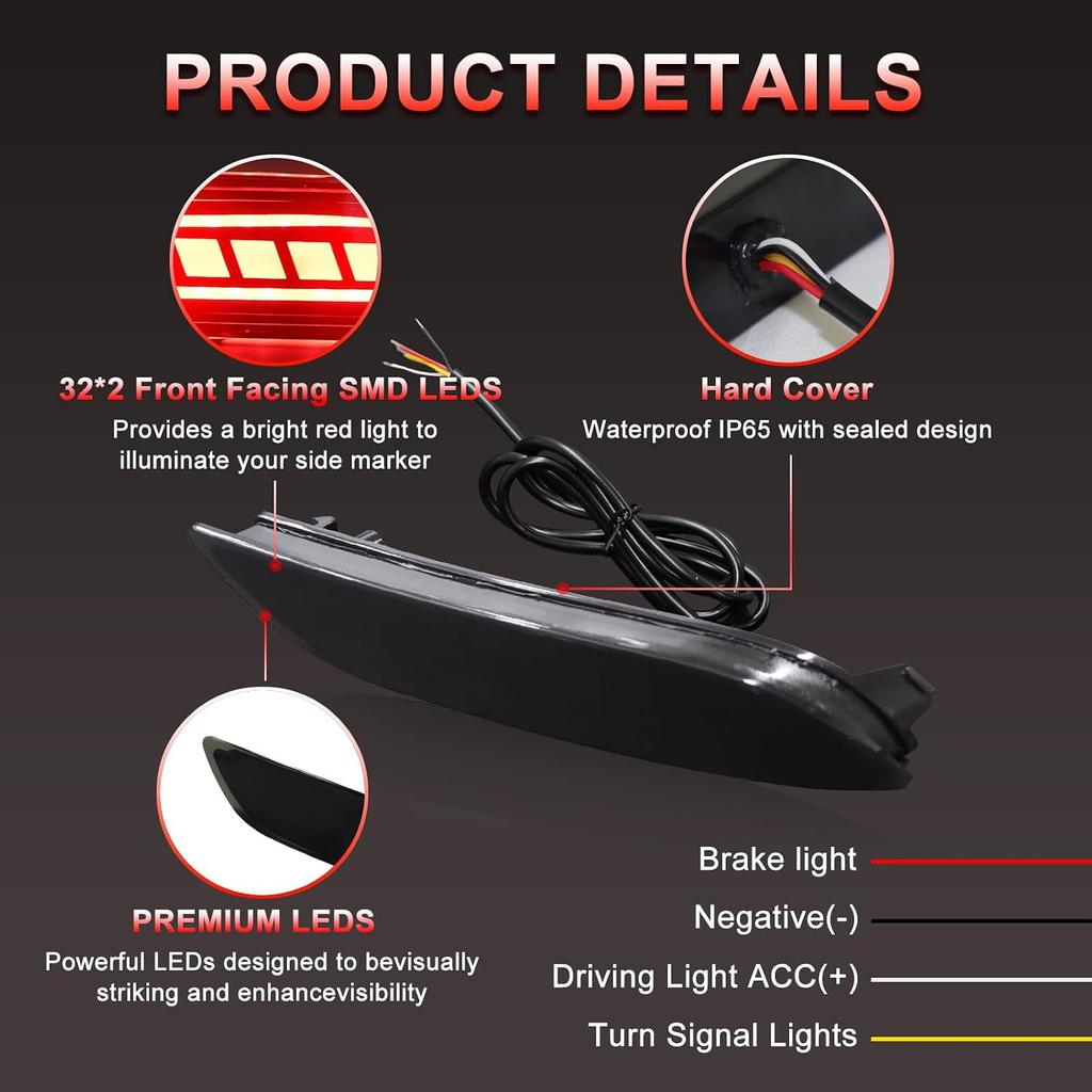 Full LED Rear Bumper Reflector Lights for 2018-2025 Toyota Camry | Smoked Lens, Red LED Rear Bumper Reflectors Brake Turn Signal Lights for Toyota