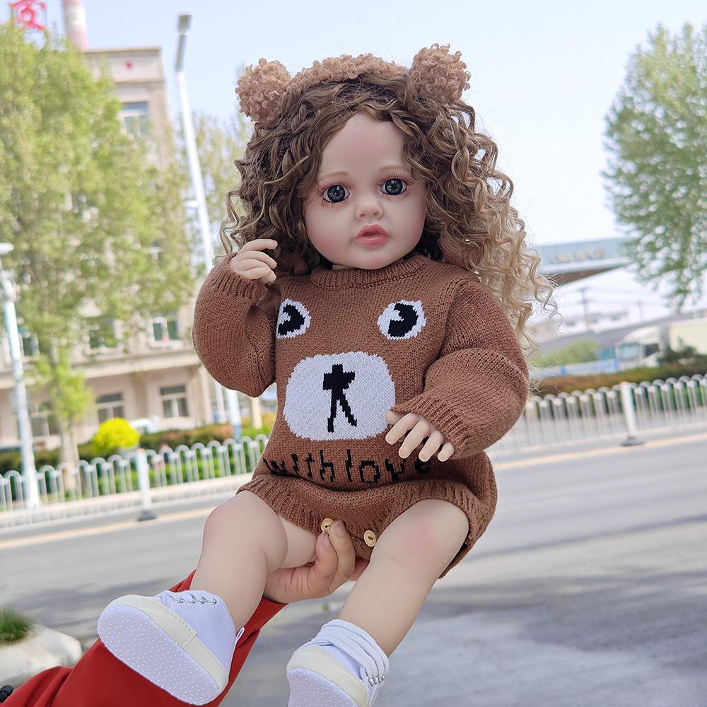 55cm Reborn Baby Doll Realistic Vinyl Girl Doll with Curly Hair Woolly Curls Cutie Knitted Outfit