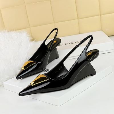 1097-K55 European and American Women's Shoes, High-heeled Wedge Heel Patent Leather Hollowed-out Rear Strap, Shallow Mouth Pointed Metal Decorative S