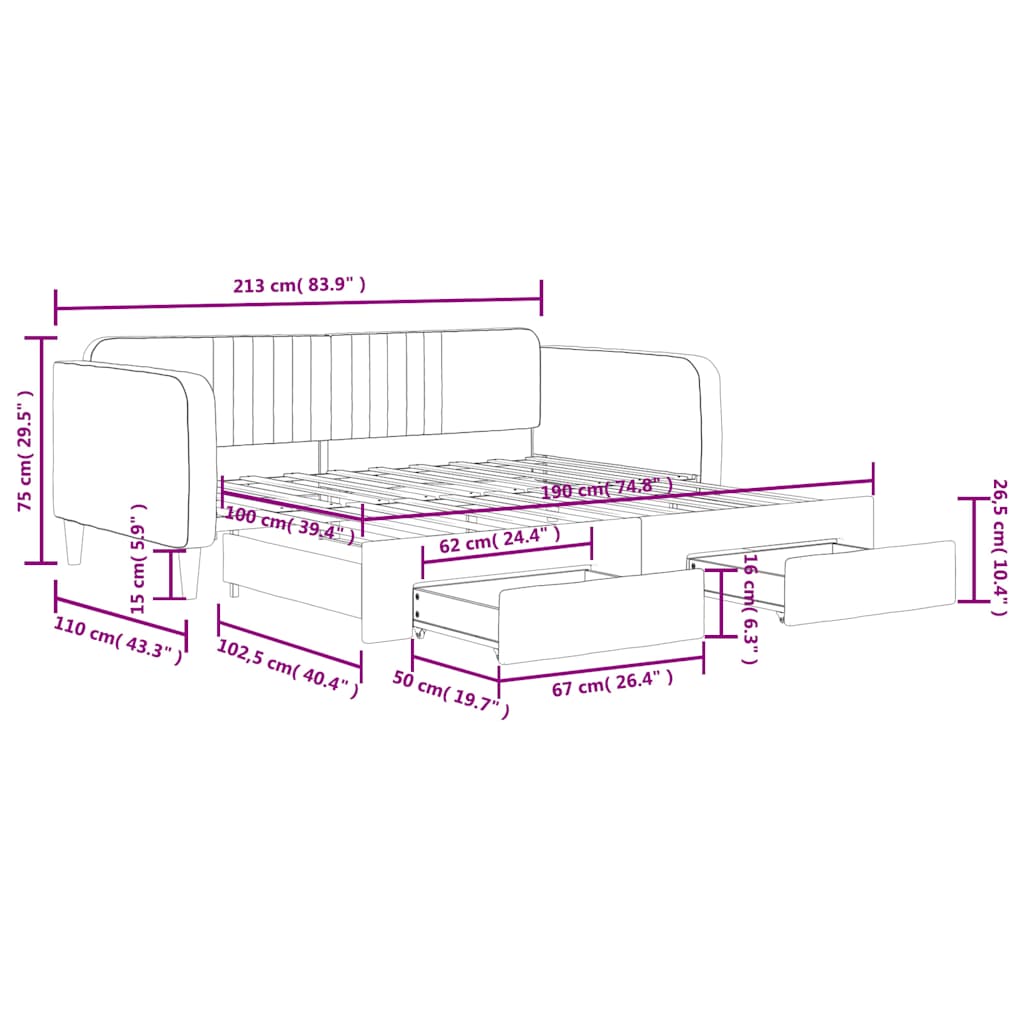 Extendable Daybed with Drawers Light Grey 100 X 190 Cm Velvet