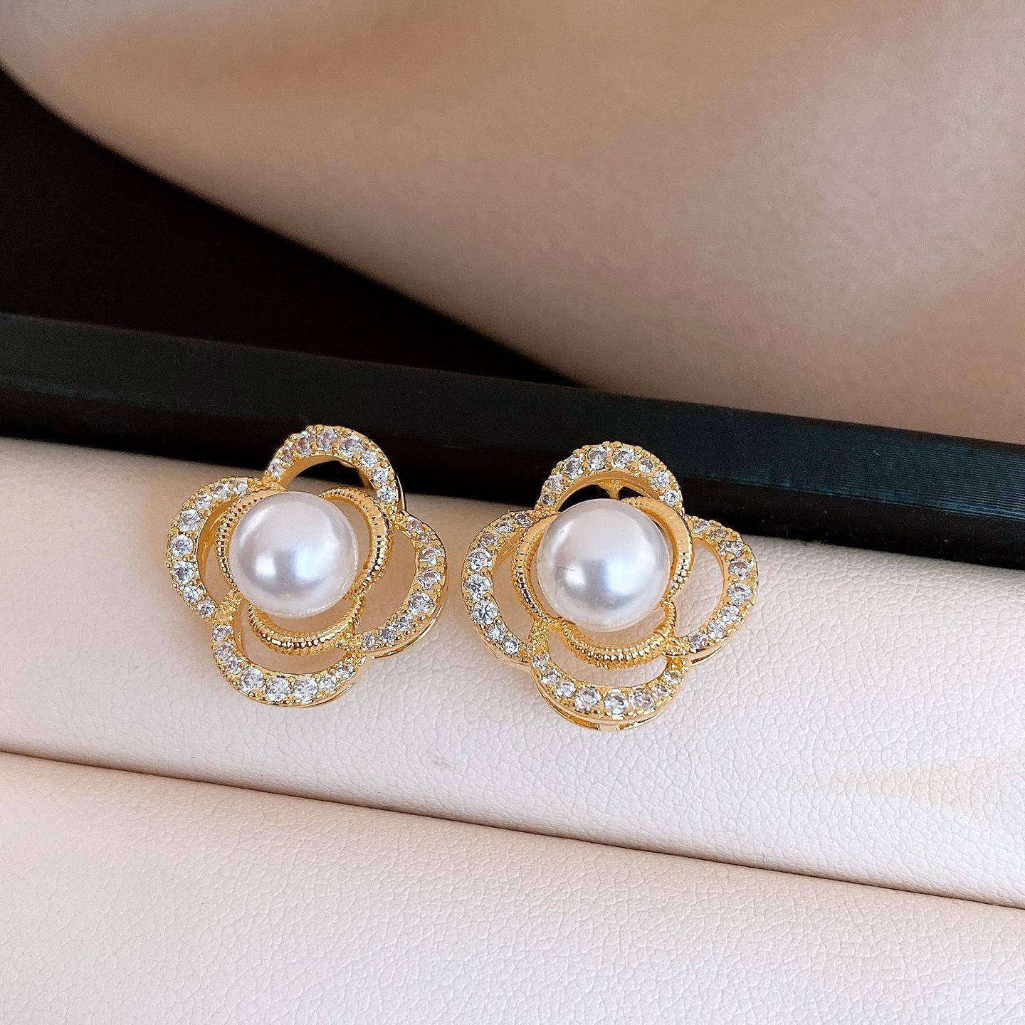 18k real gold zircon flower pearl stud earrings fashionable exquisite earrings women