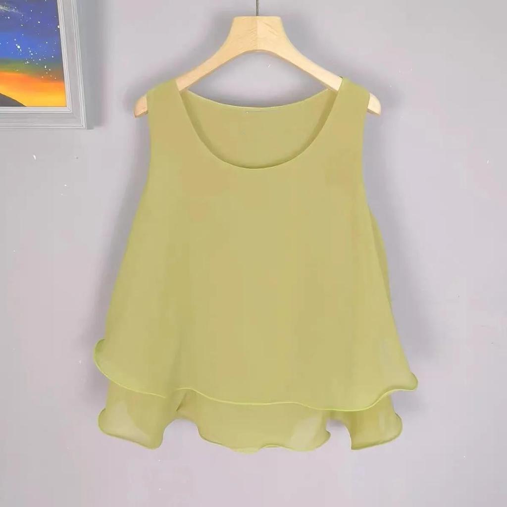 Women's Summer Tank Top: Solid-Color, Layered, Ruffled, A-Line, Korean-Style Cropped Top
