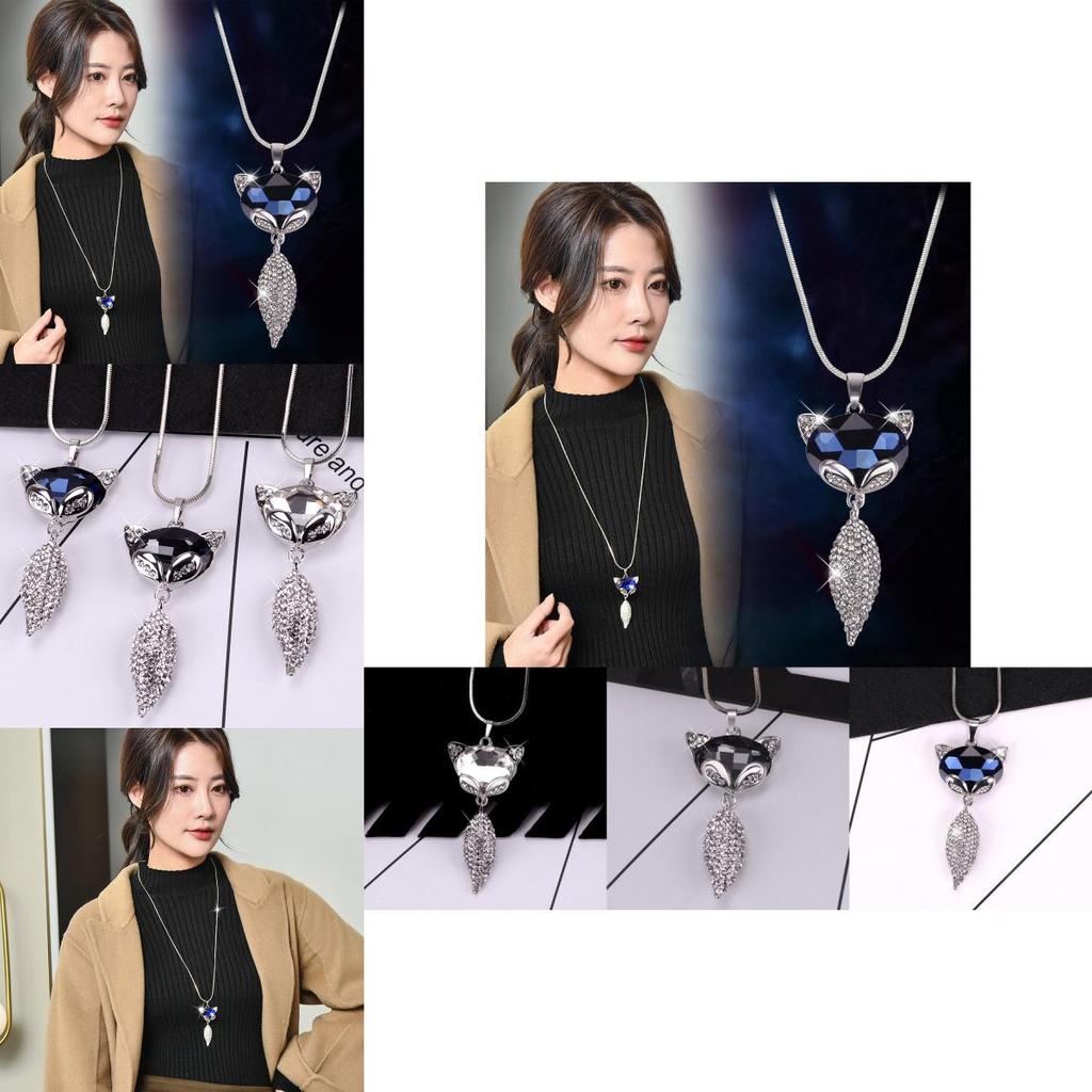 Stylish Womens Fox Charm Sweater Chain Necklace With Sparkling Crystal Accents And Alloy Material