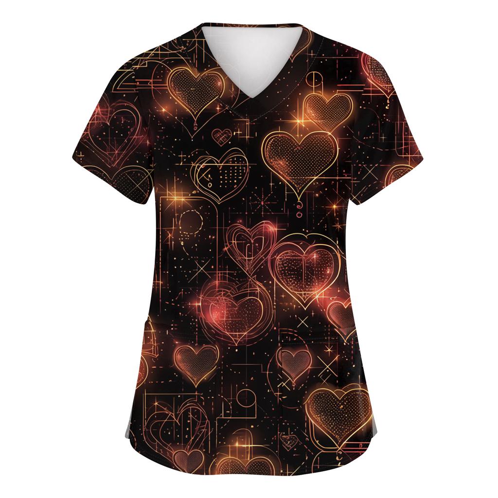 Women's Fashion Short-Sleeve Valentine's Day Print V-Neck Pocket Workwear Top