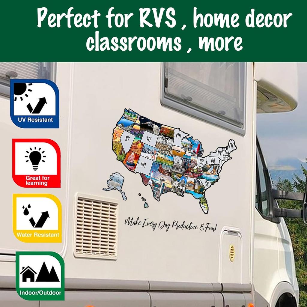 Pacify 2 Sheets RV Stickers Decals 24X16 Travel Of US Map Sticker Visited States For Travel Trailer And Door Wall - 50 State Bumper Stickers, Include