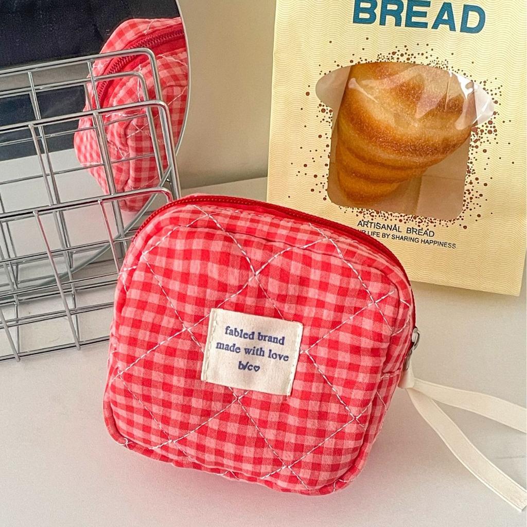 Lace Plaid Quilted Makeup Bag, Multifunctional Portable Makeup Bag, Travel Storage Bag, Cute Ruffle Makeup Bag