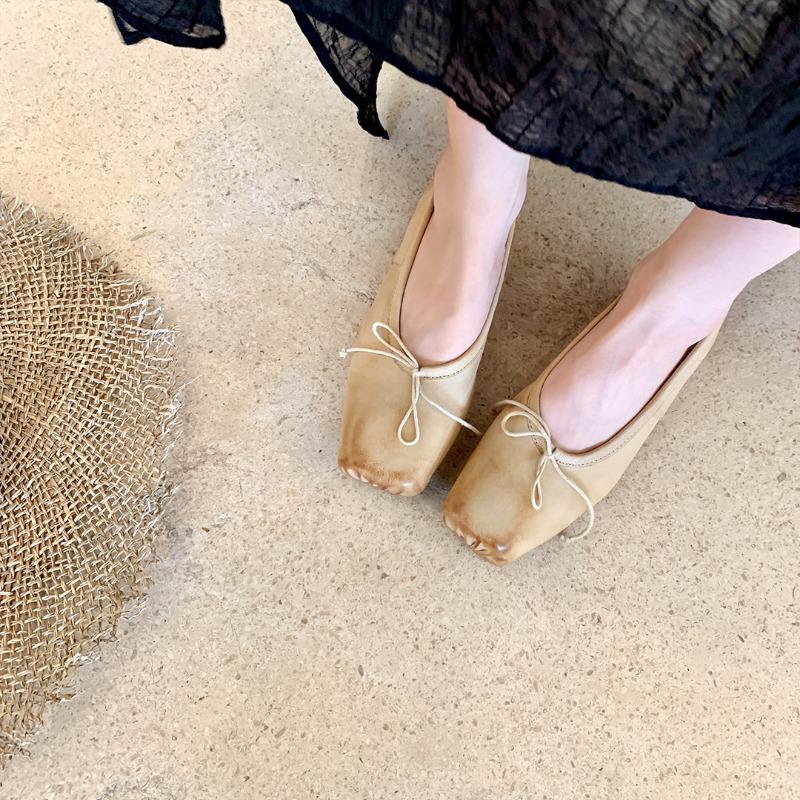 Sheepskin Genuine Leather Shoes Washed and Made Old Square Head Bow Ballet Flats Women's Shallow Mouth Single Shoes