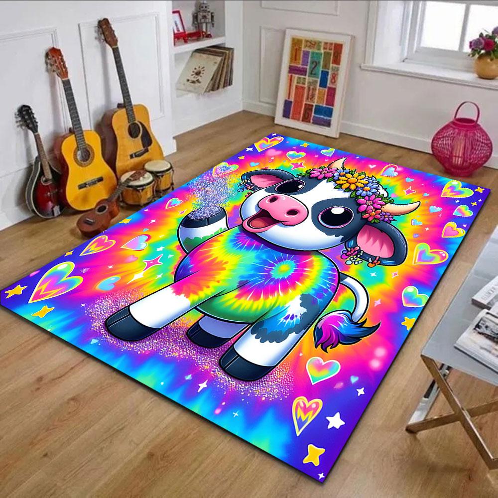Colorful Hippie Cow with Flower Crown Patterned carpet, non slip mat suitable for living room and bedroom sofas