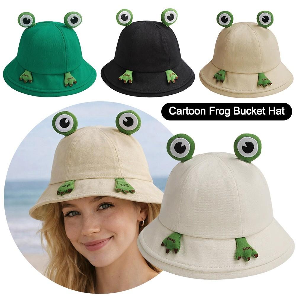 Yiran Dayang Hat Women's Cute Cute Frog-Shaped Cartoon Frog Bucket Hat Big Eyes Pattern Sunscreen Panama Fishing Cap Foldable Funny Fisherman Hats Summer