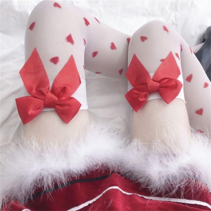 Women Bowknots Heart Thigh High Stockings Over the Knee Socks Sheer Nylon Stockings Valentine's Day Gifts