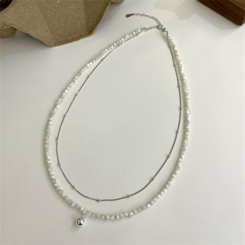 S925 Sterling Silver Double Layer White Shell Round Ball Necklace - Minimalist High-End Korean Spring/Summer Design.