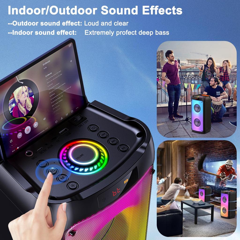 FanFun Karaoke Machine, Portable Bluetooth Speaker with 2 Microphones, RGB Party Light, Remote Control, T10-T