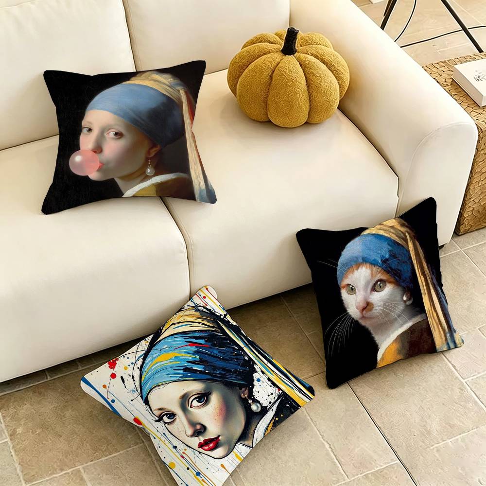 Girl With A Pearl Earring V-Vermeer Square Double-Sided printed Pillow Case Bedroom Bedside Pillow Sofa Cushion Cover Gift