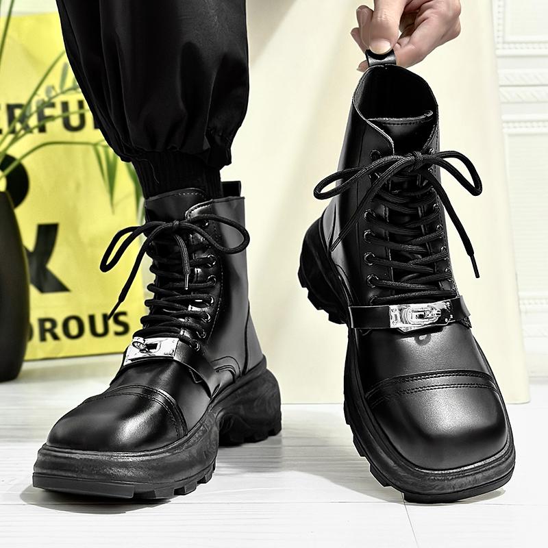 Stiefel für Herren, Alltagskleidung im Freien, höhenverstärkende Schuhe, Originaldesign, Herbst/Winter, neuer Punk-Stil, knöchelhoch, schwarzes Hombre-Leder
