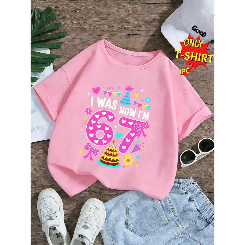 European Sizes Spring/Summer Girls' Fashion Short-Sleeve T-Shirt with Cartoon 67 Number Birthday Cake Print, Cute Kids' Casual Round-Neck Top