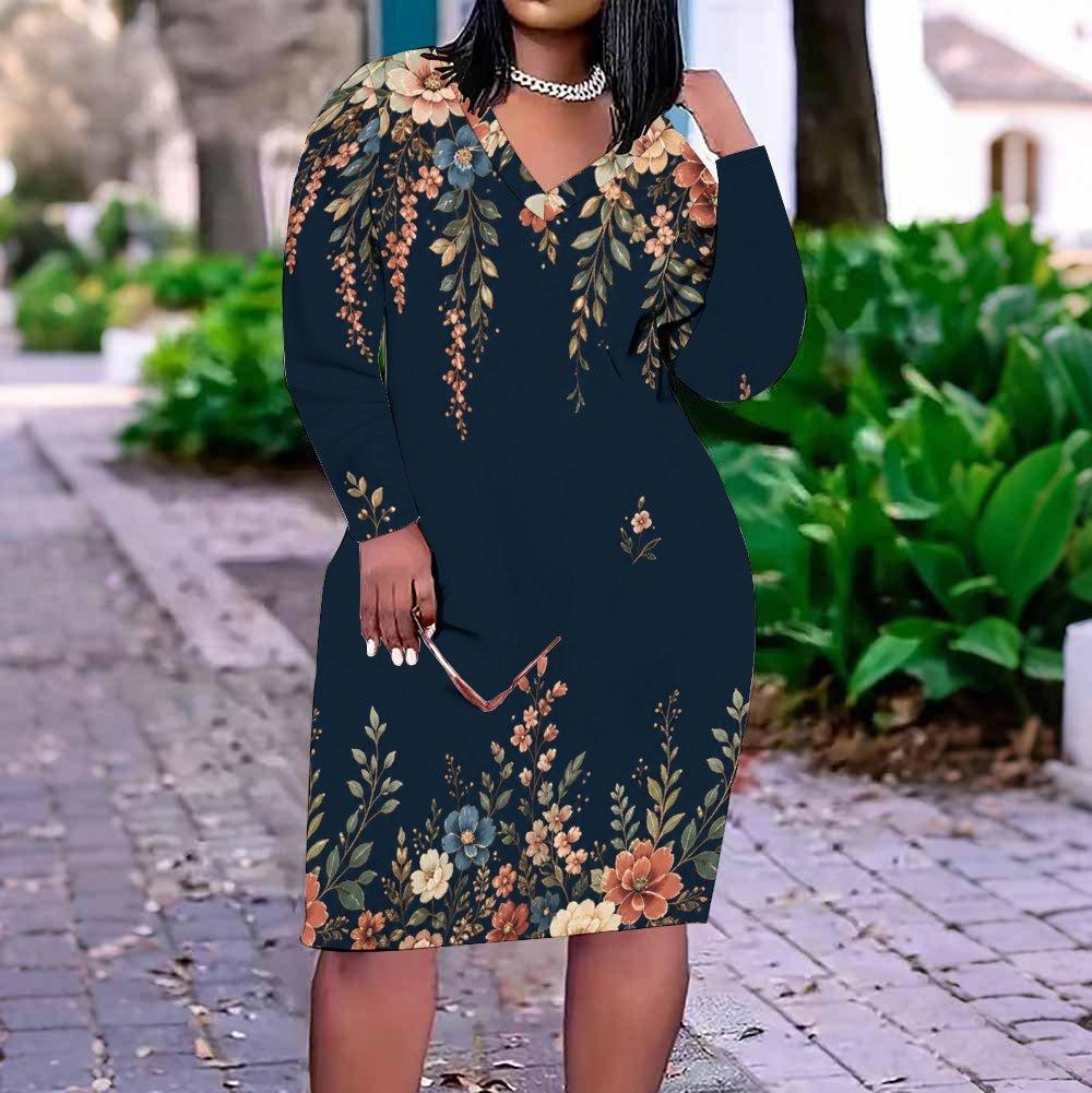 Women Plus Size V Neck Long Sleeve Floral Printed Dark Green Fitted Dress