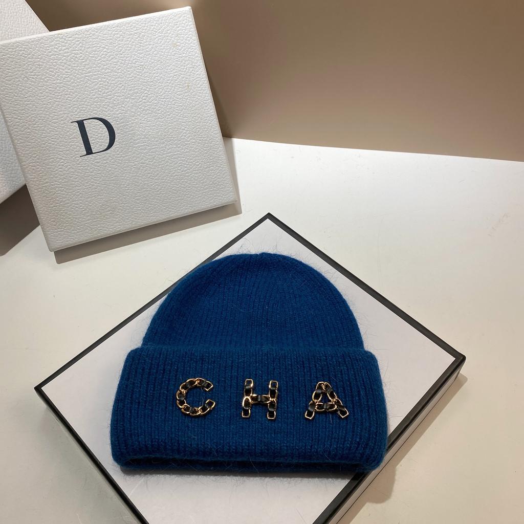 Chain Letter Cha Simple Wool Hat Winter Warm Rabbit Hair Double Fold Knitted Hat Outdoor Ear Protection