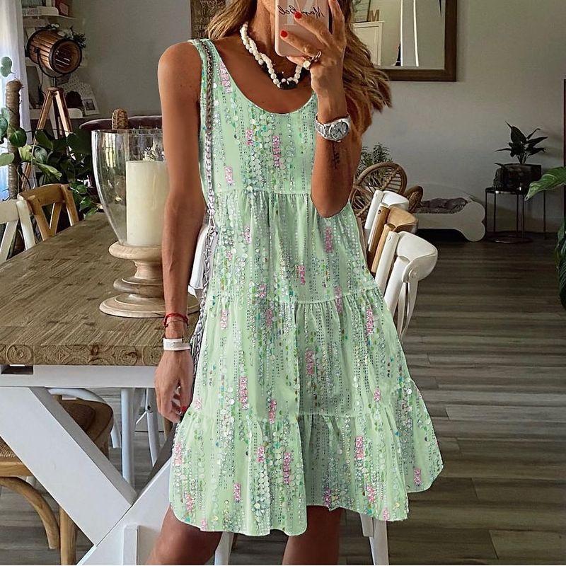 

Floral Loose Crew Neck Dress Florals Print Loose round Neck Sleeveless Mid Length Long Length Dress 03 S