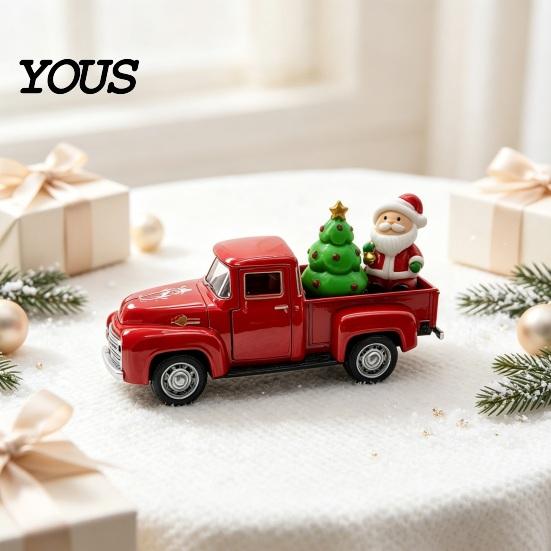 Christmas Table Centerpiece Pickup Truck Figurine, Vintage Car Statue with Santa Claus, Decorative Metal Tree, Snowman, Miniature Alloy Vehicle